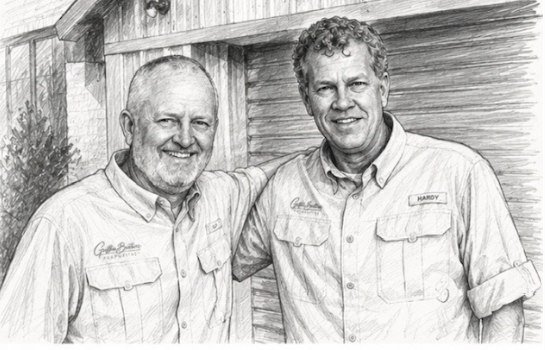 Line-art illustration of Jeff and Lynn, the owners of Griffin Brothers Properties